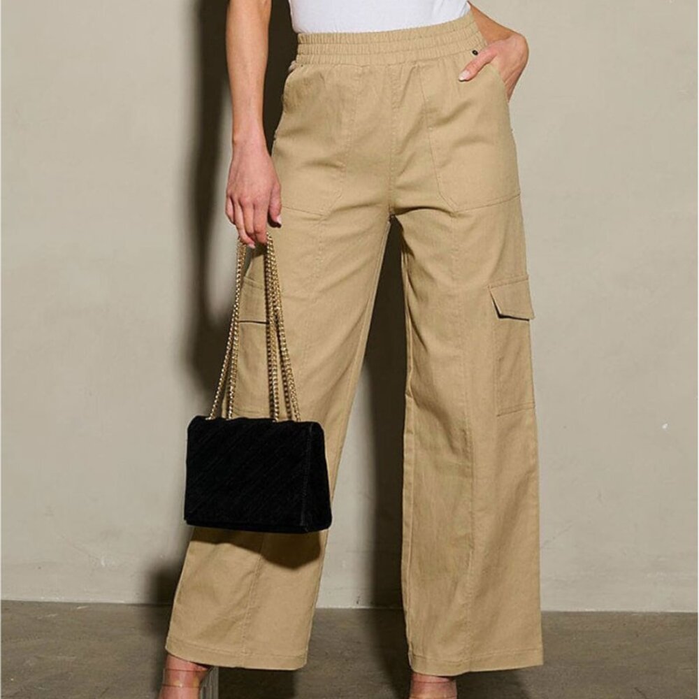 Elastic Waist Cargo Pockets Wide Leg Pants "LIGHT BEIGE"